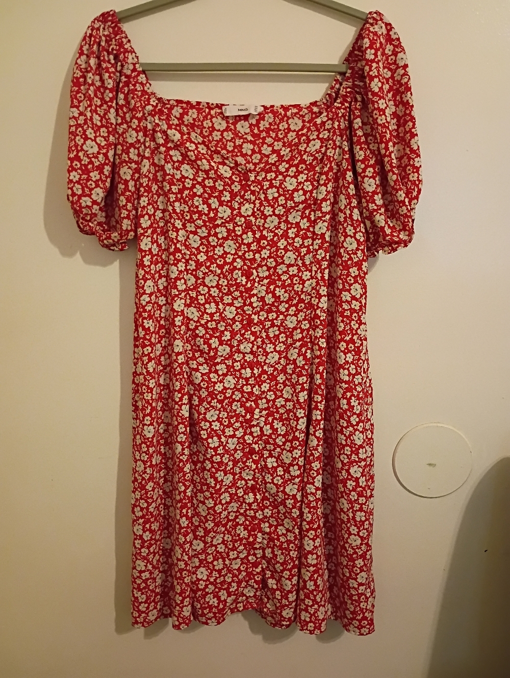 Mango Women's Red Floral Puff-Sleeve Mini Dress Sz L‎